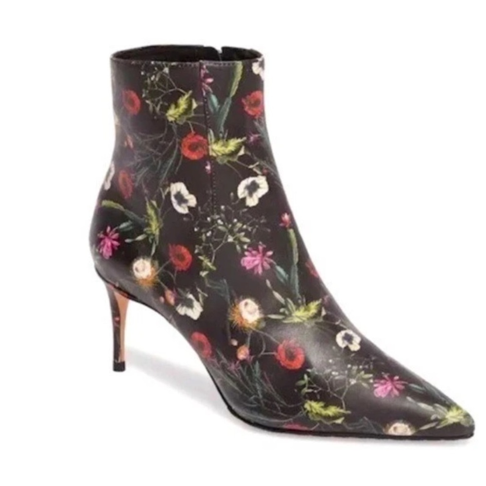SCHUTZ Bette Floral Ankle Bootie in Black Size Kitten Heel 9.5